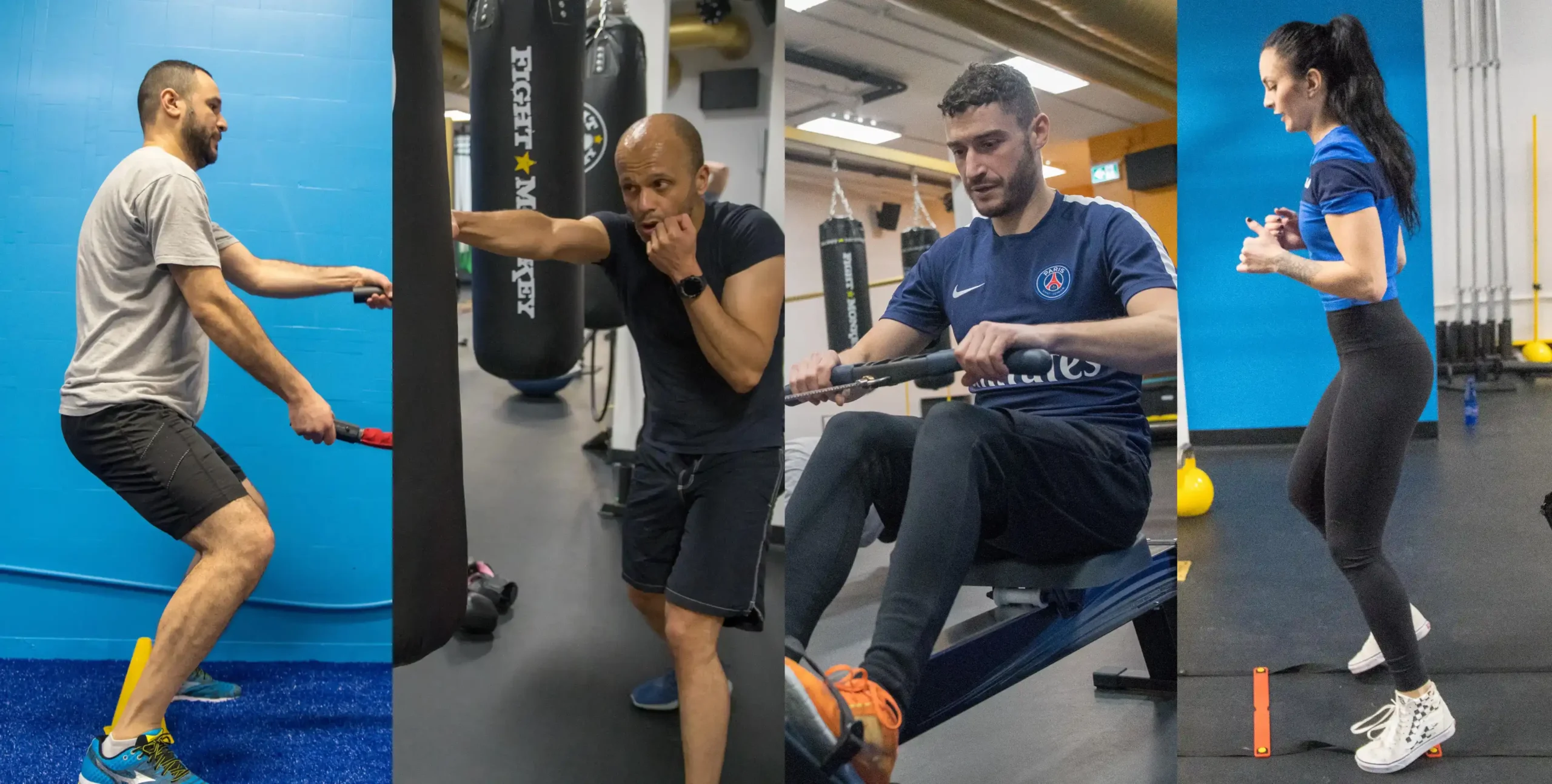 collage of 4 people doing gym activities