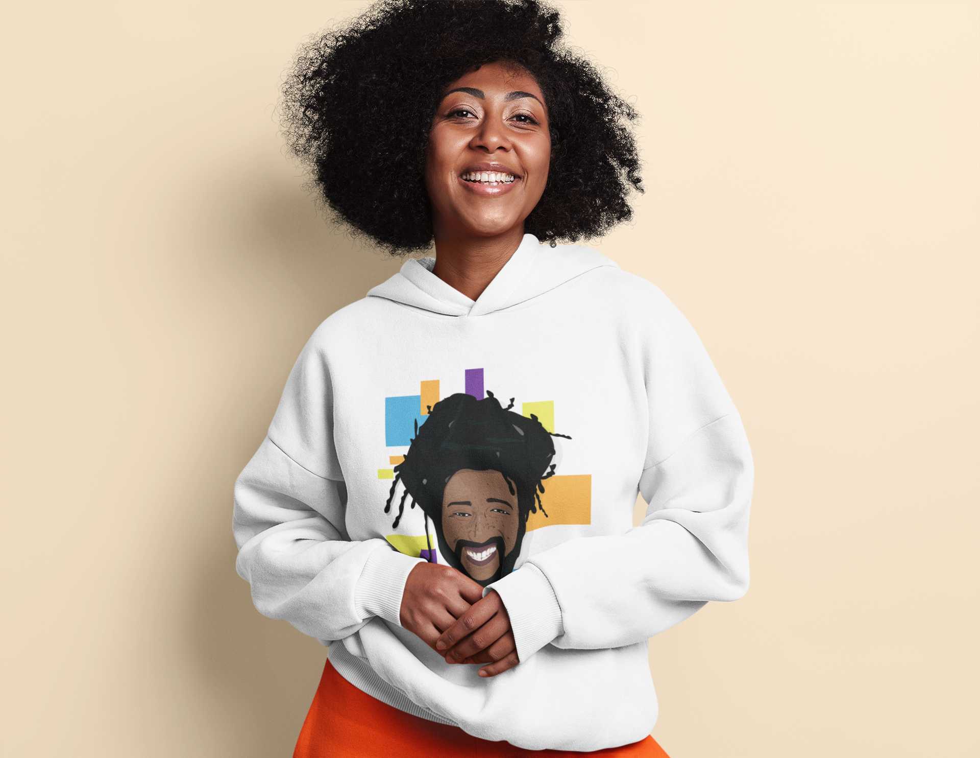 woman wearing BDH White hoodie with graphic print in front